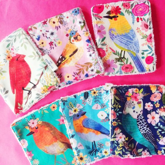 lingettes lavables réutilisables zero déchet, éponge bambou Oeko-Tex coton imprimé Birdie Blend Fabrics