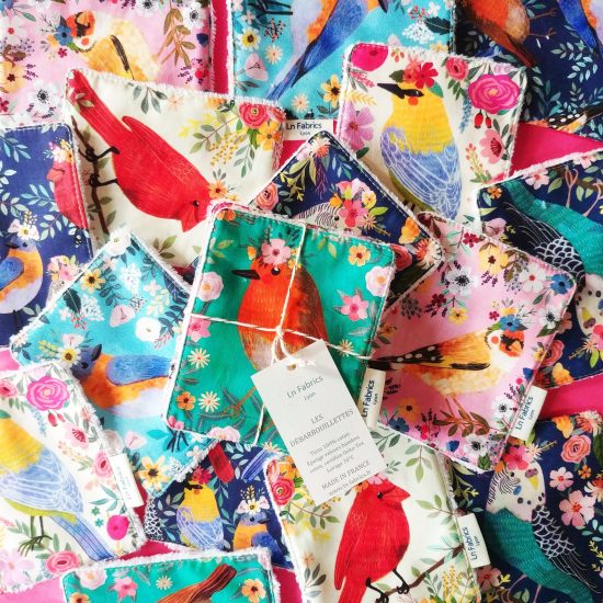 lingettes lavables réutilisables zero déchet, éponge bambou Oeko-Tex coton imprimé Birdie Blend Fabrics
