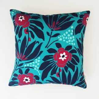 coussin createur Ln Fabrics haut de gamme tissu à fleurs Kenzo bleu canard