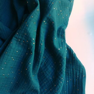 double gaze de coton bleu canard imprimée pois dorés certifiée Oeko-Tex idéale pour créer des vêtements et accessoires