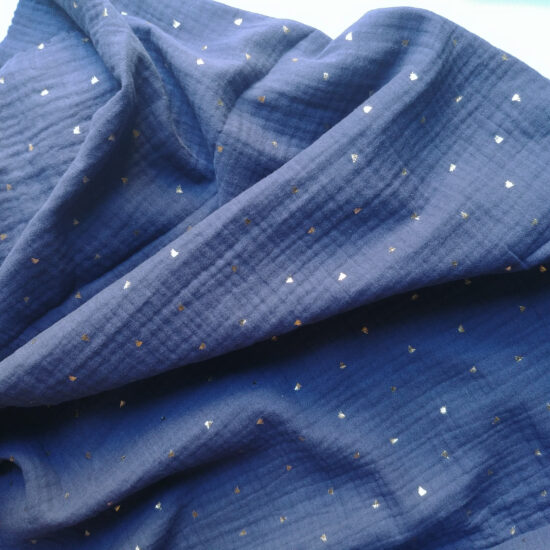 double gaze de coton bleu jean imprimée éventails dorés certifiée Oeko-Tex idéale pour créer des vêtements et accessoires