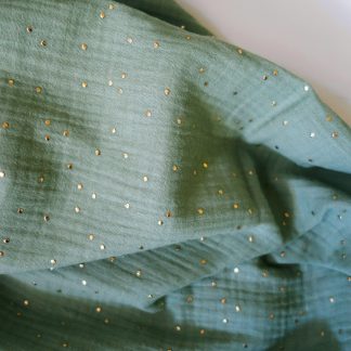 double gaze de coton vert sauge imprimée pois dorés certifiée Oeko-Tex idéale pour la couture créative