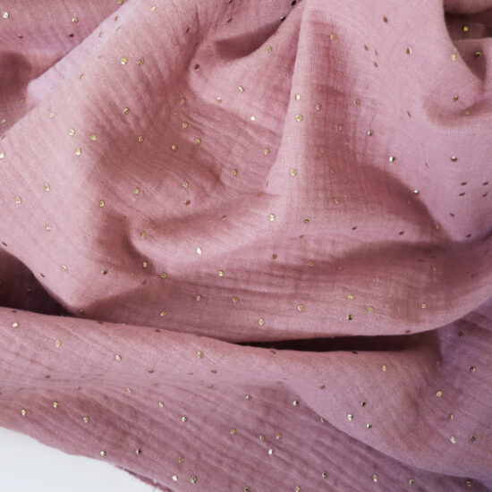 double gaze de coton rose thé imprimée pois dorés certifiée Oeko-Tex idéale pour créer des vêtements et accessoires bébé