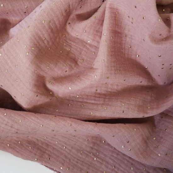 double gaze de coton rose thé imprimée pois dorés certifiée Oeko-Tex idéale pour créer des vêtements et accessoires bébé