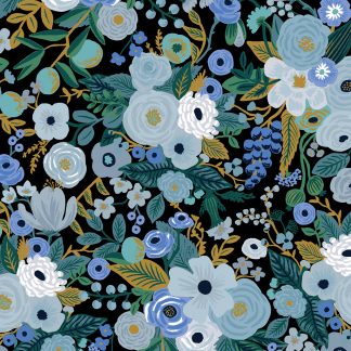 Tissu coton imprimé Rifle Paper Co Garden Party fleurs bleues, turquoise, émeraude, ciel, gris bleu