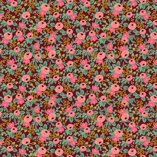 Tissu coton imprimé rifle paper co fond bordeaux fleurs or et rose