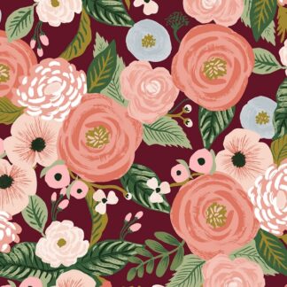 Tissu li coton canvas Rifle Paper Co boules de fleurs corail rose et ciel sur fond bordeaux