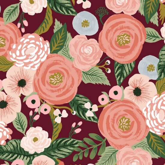 Tissu li coton canvas Rifle Paper Co boules de fleurs corail rose et ciel sur fond bordeaux