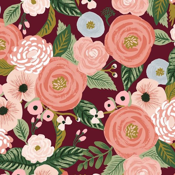 RP520-BU1CRifle paper Co Canvas Fleurs Bordeaux Tissu li coton canvas Rifle Paper Co boules de fleurs corail rose et ciel sur fond bordeaux