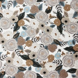 Tissu canvas lin coton englih garden imprimé Rifle Paper Co fleurs taupe, beige, gris bleu, écru marron glacé