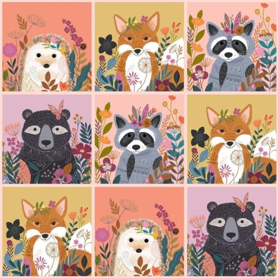 Wild Panel tissu Dashwood Studio coton imprimé avec des portraits d'animaux, renard koala hérisson ours idéal pour la couture créative, accessoires et déco enfant