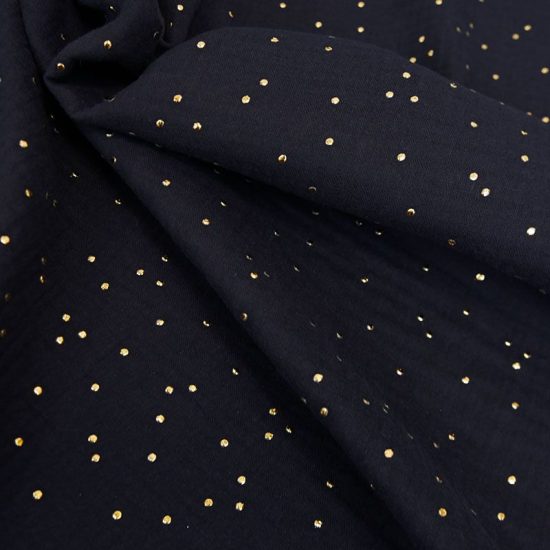 tissu gaze de coton Oeko Tex pimiz bleu nuit imprimée pois dorés