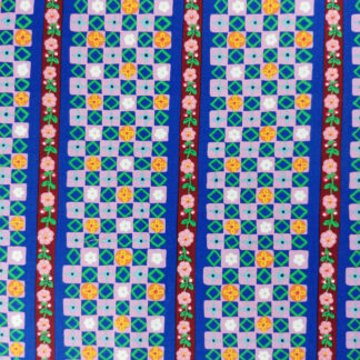 tissu mizi imprimé mosaiques Nathalie Lété pour Free Spirit,motifs géométriques petits carrés bleu mauve jaune animés par une guirlande de fleurs