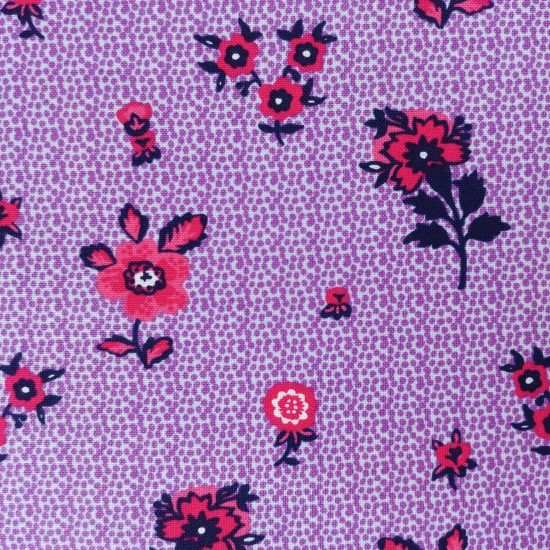 Trixi coton imprimé fleurs Nathalie Lété pour Free Spirit, fond violet fleurs rose grenade corail