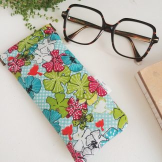 Etui à lunettes souple clic clac molletonné en tissu imprimé fleurs capucines pensées