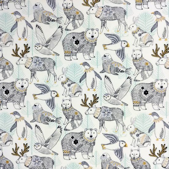 Tissu métallisé or imprimé animaux de la banquise Dashwood Studio ours polaire, pingouin, morse, ren