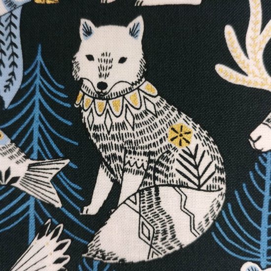 Coton oeko-tex imprimé dashwood studio renard graphique sur fond gris sapin bleu
