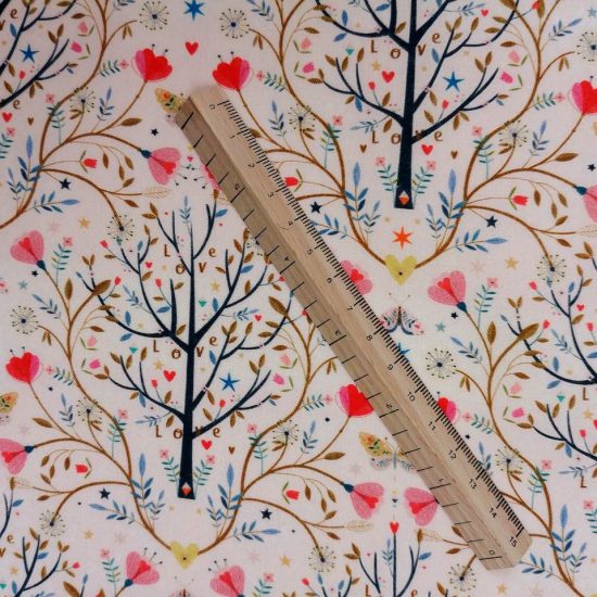 coton imprimé tree of life Dashwood studio arbre délicat fleurs coeur corail