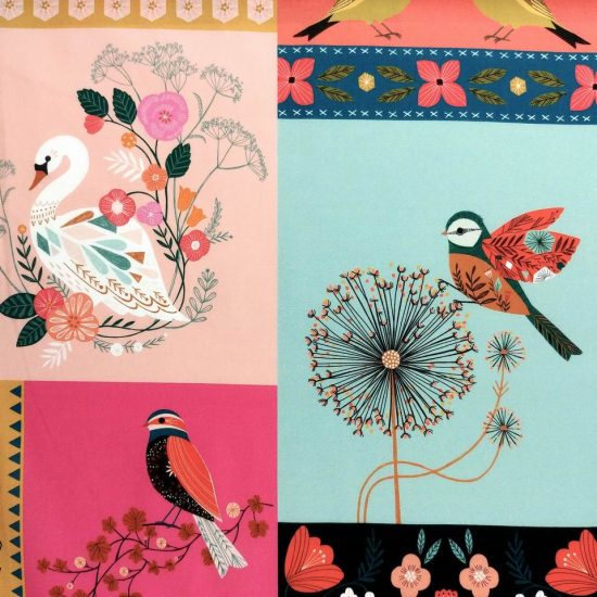 Coton imprimé aviary Dashwood Studio oiseau cygne rouge gorge fleur de pissenlit couleurs douces et pastels