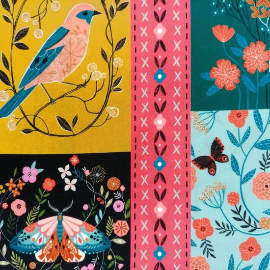 tissu créatif Dashwood Studio gamme de couleurs douces et lumineuses moutarde émeraude ciel corail pour ces oiseaux et papillons au graphisme fin et délicat