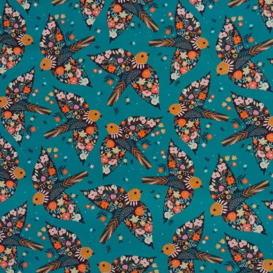 Good Vibes tissu imprimé Dashwood Studio hirondelles de fleurs sur fond bleu turquoise joyeux et lumineux