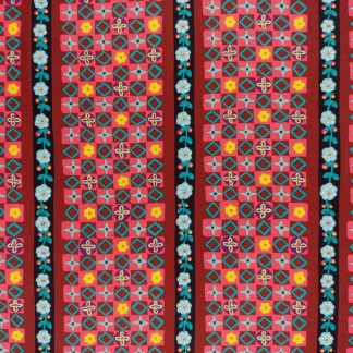 tissu imprimé rayures de mosaiques Nathalie Lété pour Free Spirit,motifs géométriques petits carrés brun rouge corail séparés par une rayure guirlande de fleurs