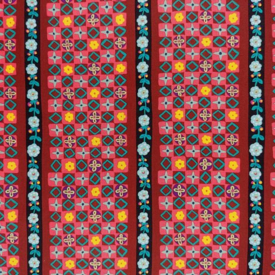 tissu imprimé rayures de mosaiques Nathalie Lété pour Free Spirit,motifs géométriques petits carrés brun rouge corail séparés par une rayure guirlande de fleurs