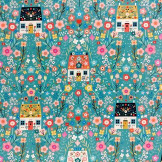 Strawberry Tea tissu coton Oeko-Tex fleuri Dashwood Studio imprimé frais coloré fleurs et maisonnettes sur fond bleu vert