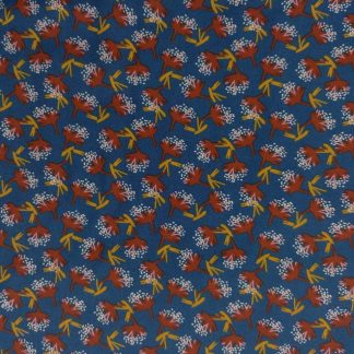 tissu en viscose imprimé floral bleu marine fleurs ocre jaune rouge brique blanc