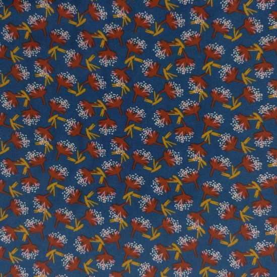 tissu en viscose imprimé floral bleu marine fleurs ocre jaune rouge brique blanc