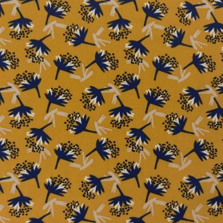 tissu en viscose imprimé floral ocre jaune fleurs bleu marine écru beige