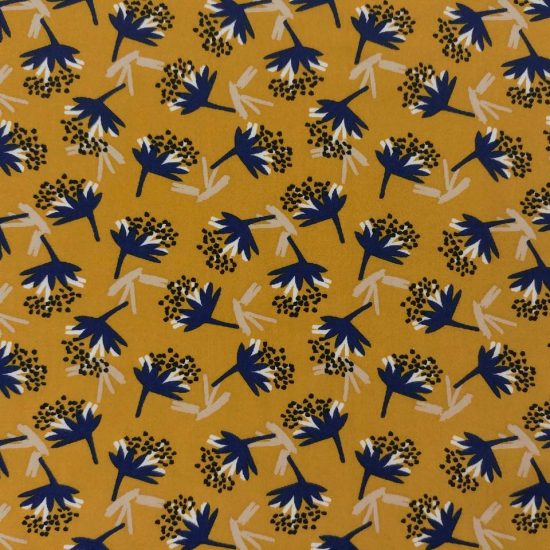 tissu en viscose imprimé floral ocre jaune fleurs bleu marine écru beige