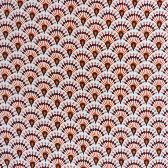 tissu en viscose imprimé plume de paon motif graphique fond blanc couleurs terracota orange corail rose poudré brun rouge