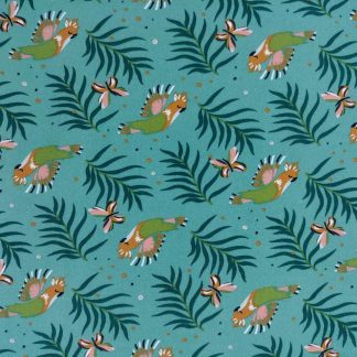 tissu en viscose imprimé fleuri motifs perroquets et jungle