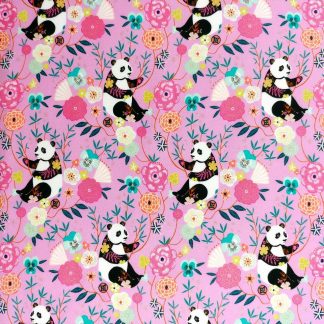 Blossom Days tissu imprimé fleurs et panda noir et blanc couleurs pastels acidulées mauve rose lilas