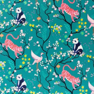 tissu coloré éclatant imprimé cigognes pandas et tigres sur fond bleu turquoise décor branches de cerisiers