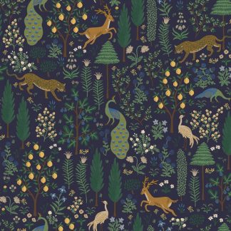 tissu canvas rifle paper co vintage garden imprimé paon panthère bleu nuit