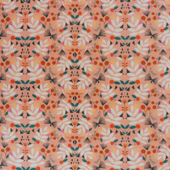 Tissu imprimé en coton dashwood studio motif graphique feuillage et fruits couleurs oranger saumon écru