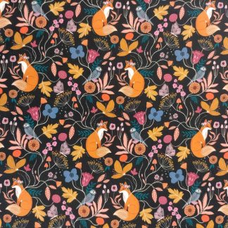 tissu coton imprimé dashwood studio renards roux oisaux bleux enlaçés dans les fleurs et la végétation