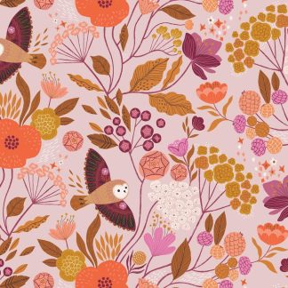 tissu wild dashwood studio coton imprimé chouettes et feuillages couleurs pastels délicates