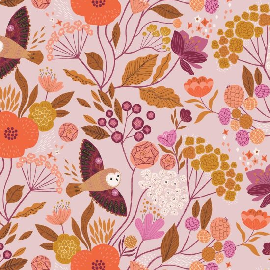 tissu wild dashwood studio coton imprimé chouettes et feuillages couleurs pastels délicates
