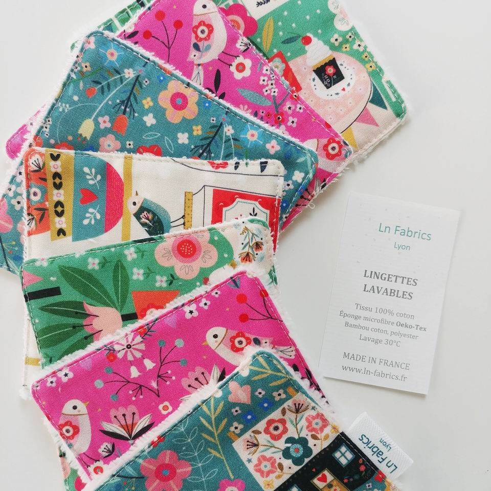 Lot de 7 lingettes lavables tissu imprimé dashwood studio et éponge coton bambou Oeko tex