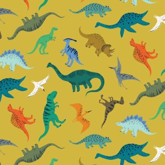 tissu imprimé dashwood studio dinosaures ocre jaune vert orange tyrex tricératops diplodocus