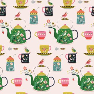 tissu dashwood studio strawberry tea imprimé théières tasses pot à lait