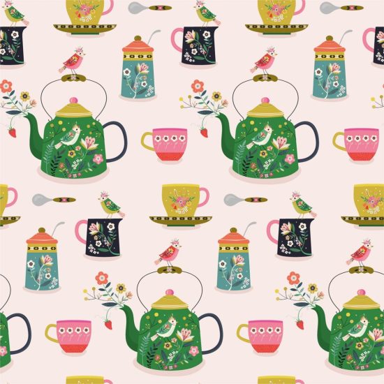 tissu dashwood studio strawberry tea imprimé théières tasses pot à lait