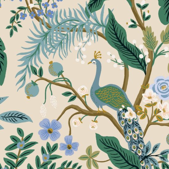 canvas vintage garden rifle paper co paon écru tissu lin coton imprimé paon bleu vert sur fond écru détail métallisé or