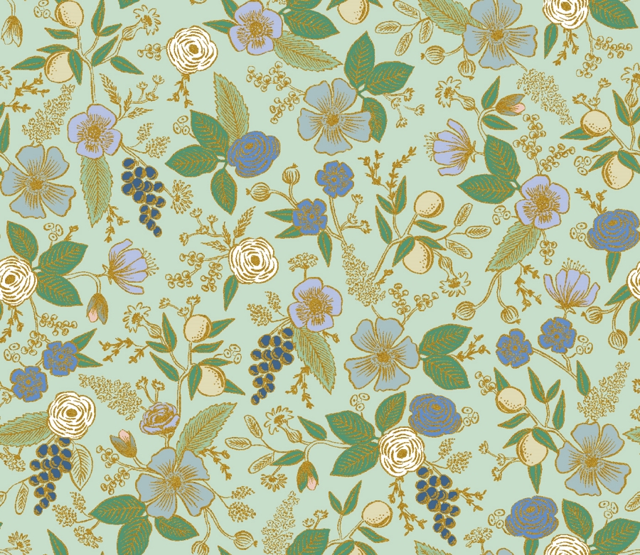 Tissu Rifle paper Co Fleurs du Verger Vert Aqua métallisé