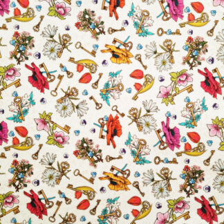 Tissu coton imprimé Odile Bailloeul le langage des fleurs sur un fond ivoire des clés dorées des fleurs rouges roses blanches délicat et coloré