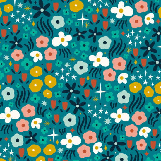 tissu coton imprimé mini fleurs Dahwood Studio fond bleu paon motif floral stylisé et graphique ocre jaune blanc rose pêche