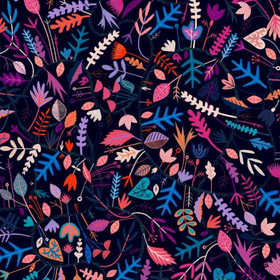viscose imprimée Dashwood Studio motifs végétaux colorés et vif fuschia orange bleu klein sur un fond noir